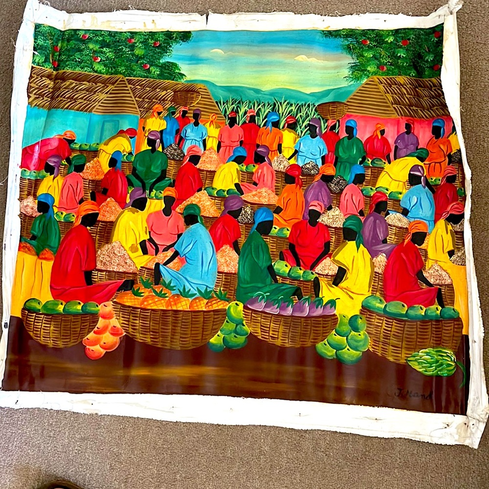 Canvas “naive” colorful display of people and places inspired by their past